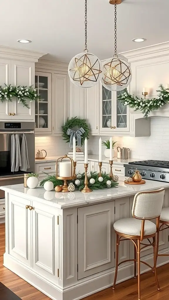 A beautifully decorated kitchen island with white and gold theme for Christmas