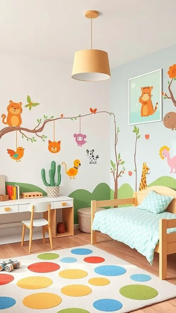 27+ Stunning Wall Paint Designs to Transform Your Space 3 A children's room with whimsical animal wall designs, featuring a cozy bed, colorful rug, and playful decor.
