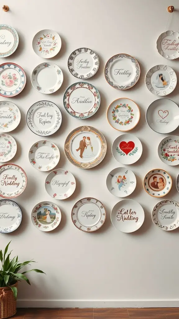 29+ Creative Ideas for a Stunning Plate Wall Display 11 A collection of decorative plates on a wall, featuring various designs and messages celebrating special occasions.