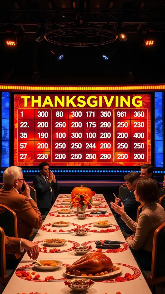 A Thanksgiving-themed Jeopardy game board with players seated at a festive table.