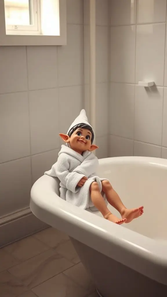 25+ Creative Elf on the Shelf Bathroom Ideas You Need to Try 9 An elf in a white bathrobe sitting in a bathtub, looking cheerful.