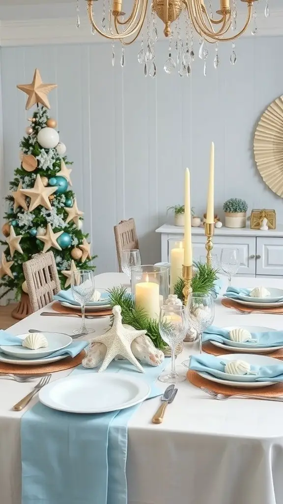 A coastal-themed Christmas dinner table setting with blue tones, starfish decorations, and a festive tree.
