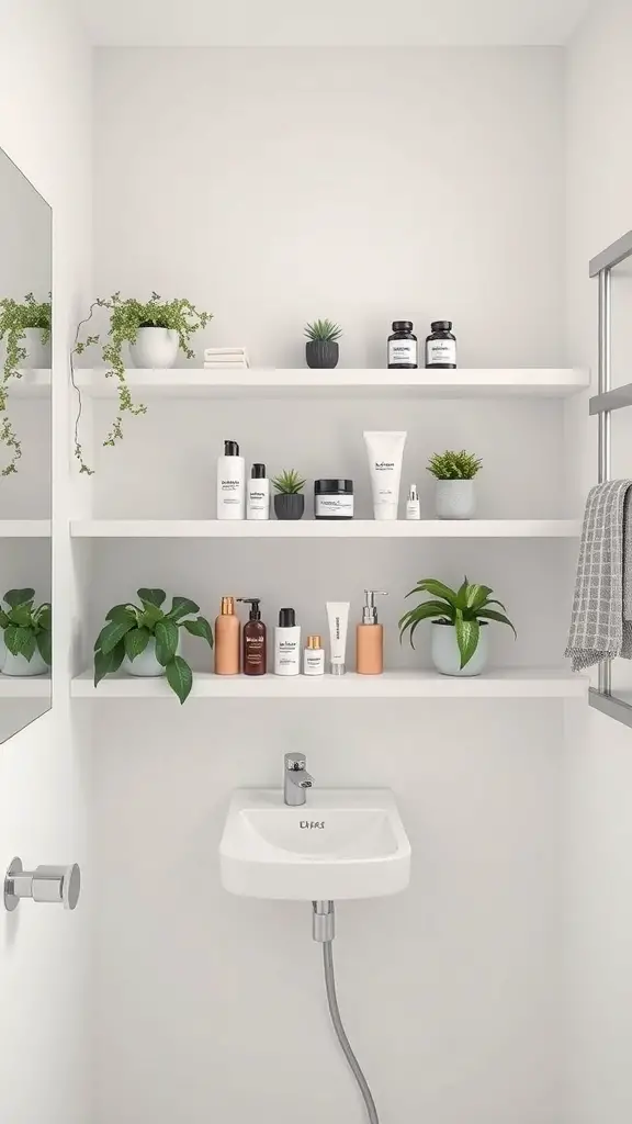 25+ Must-Try Minimalist Bathroom Organization Ideas 3 Minimalist bathroom with sleek floating shelves displaying skincare products and plants.