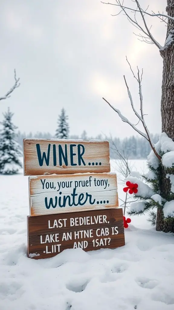 Rustic wooden signs with winter quotes in a snowy landscape