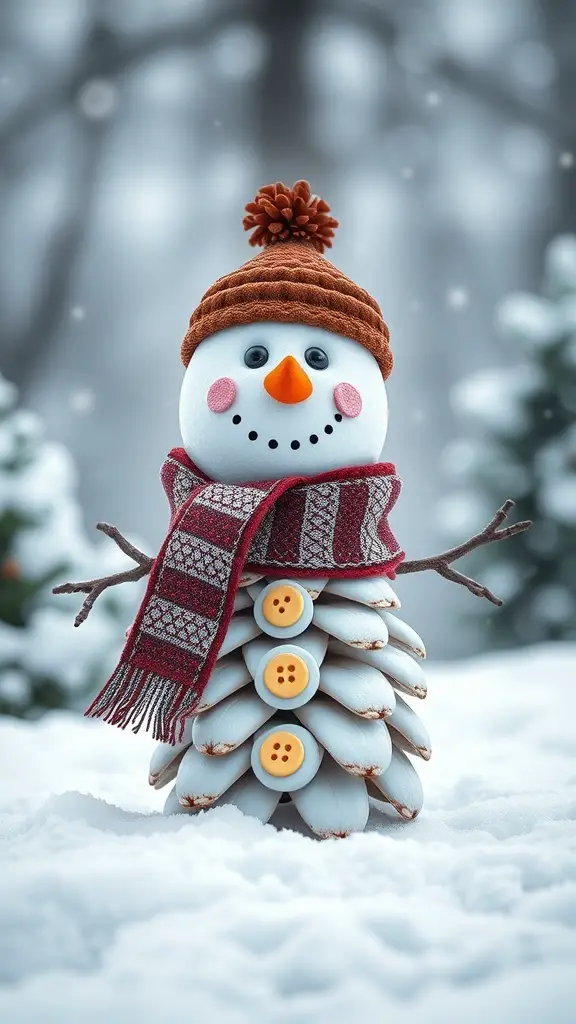 A cute pine cone snowman decorated with a hat, scarf, and buttons, set against a snowy background.