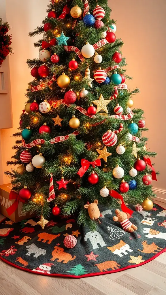 23+ Unique Christmas Tree Skirt Ideas for a Festive Touch 11 A Christmas tree with colorful ornaments and a whimsical animal print tree skirt featuring various animals.
