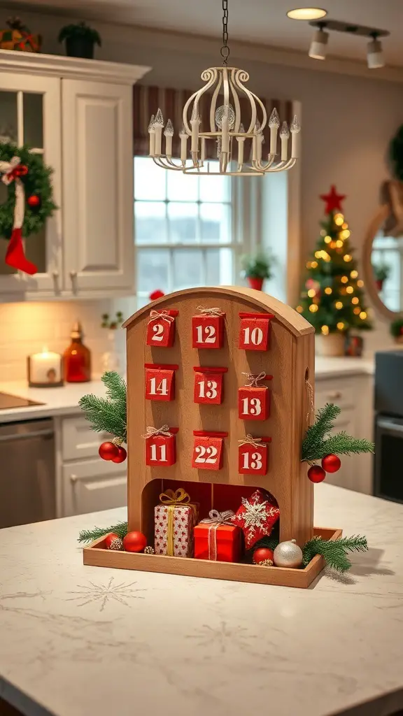 A wooden advent calendar with red doors and holiday decorations on a kitchen island.
