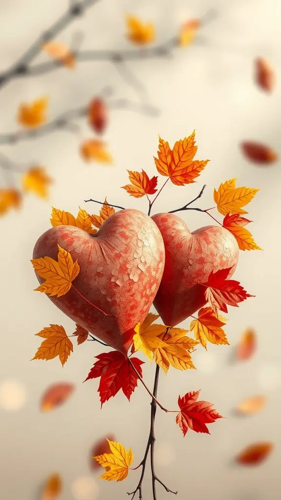 Two heart-shaped elements surrounded by autumn leaves, symbolizing gratitude.