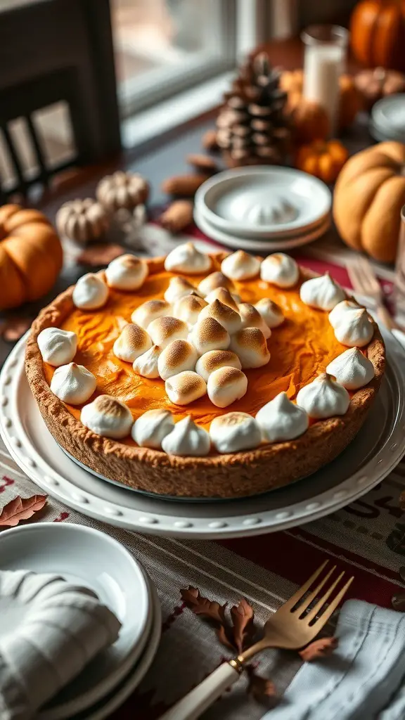 27+ Delightful Thanksgiving Desserts You Need to Try 9 A beautifully baked sweet potato pie topped with toasted marshmallow meringue, surrounded by autumn decorations.