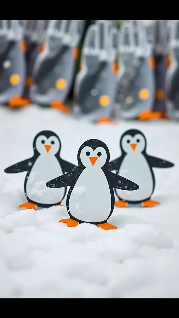 Handprint penguin decorations in a snowy setting