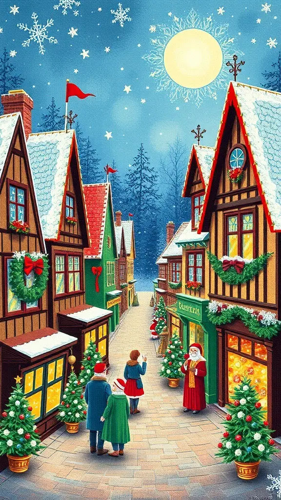 27+ Festive Christmas Cross Stitch Patterns to Brighten Your Holiday Season 11 A colorful Christmas village scene with decorated houses, snowflakes, and a family enjoying the holiday spirit.