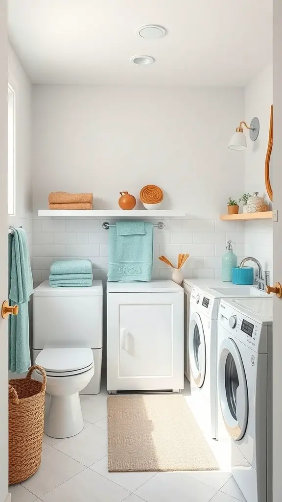 25+ Creative Bathroom Laundry Combo Ideas for Space-Saving Solutions 6 A small bathroom laundry combo featuring turquoise towels, orange accents, and a clean, modern design.