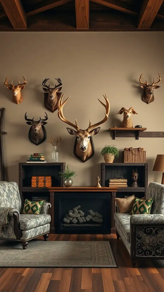 A cozy living room featuring euro mounts of deer heads on the wall, with comfortable seating and rustic decor.