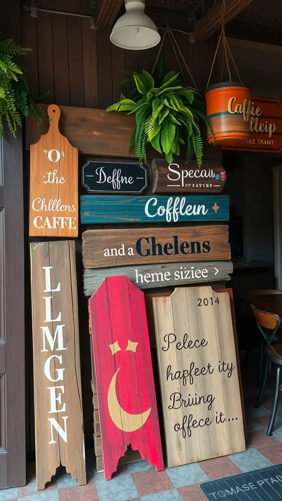 A collection of custom wooden signs with various designs and messages displayed outdoors.