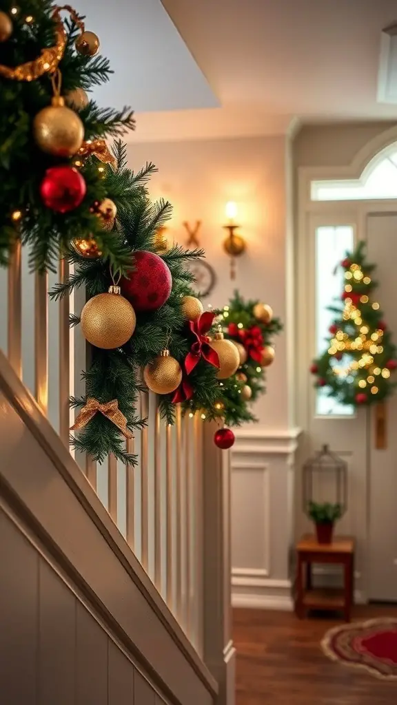 A beautifully decorated Christmas garland with red and gold ornaments, lights, and greenery, enhancing the entryway.