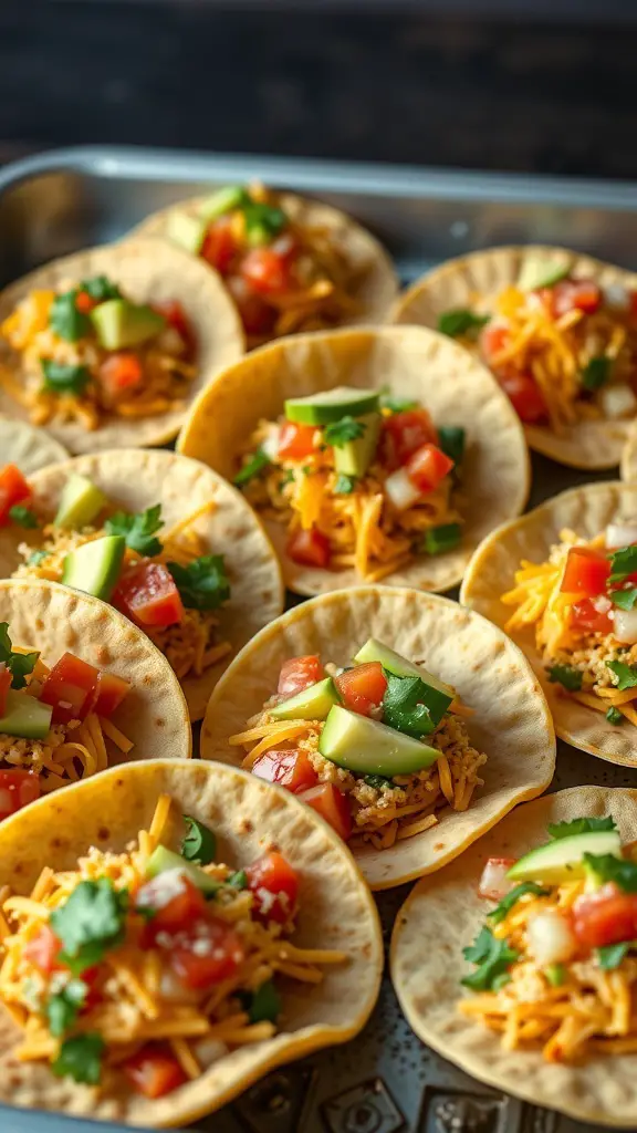 A tray of mini tacos filled with cheese, tomatoes, cucumbers, and cilantro.