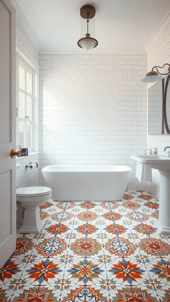 A stylish bathroom with vibrant patterned floor tiles, a white bathtub, and white tiled walls.