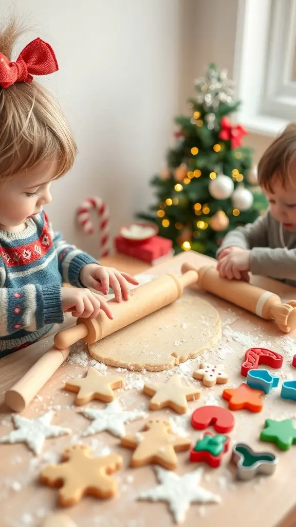 Two toddlers making salt dough ornaments with cookie cutters and a rolling pin.