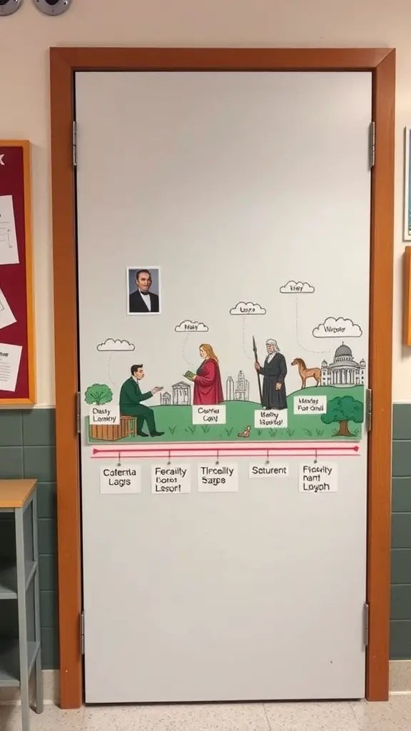 Classroom door decorated with a timeline of historical figures and events.