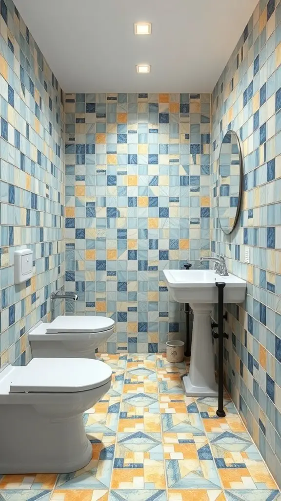 25+ Chic Half Bathroom Ideas to Refresh Your Space 4 Half bathroom with colorful blue and orange tile patterns on walls and floor.