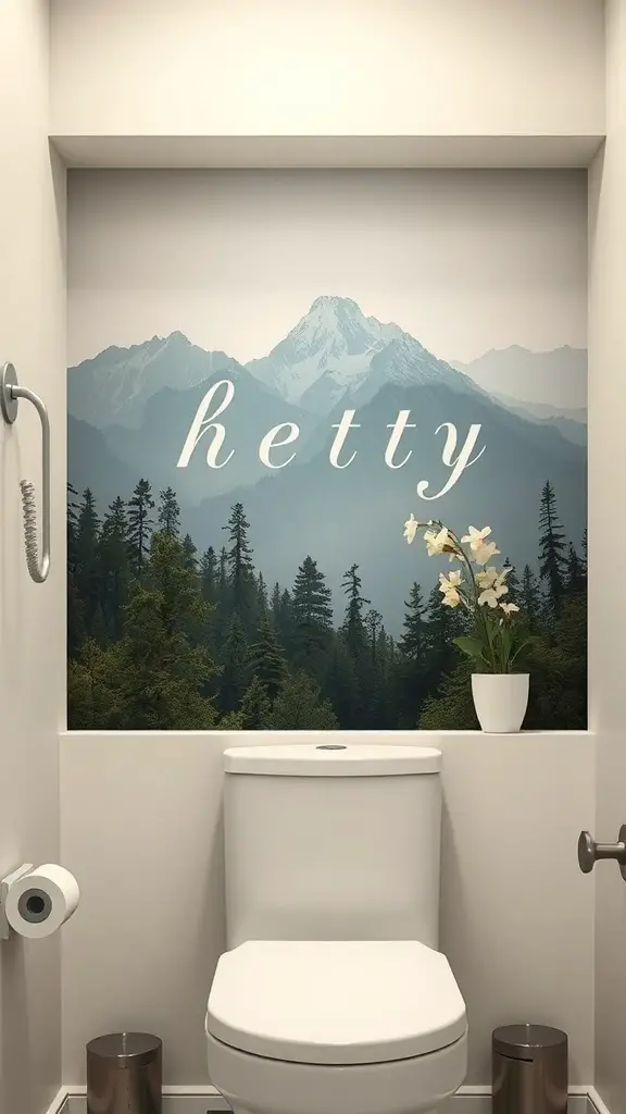 27+ Stylish Over the Toilet Storage Ideas to Maximize Your Space 11 A bathroom with a mountain mural and a plant above the toilet, showcasing hidden storage.