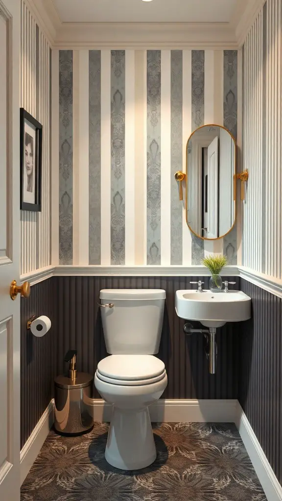 29+ Stunning Half Bath Wallpaper Ideas to Transform Your Space 9 A stylish half bath featuring striking striped wallpaper in light and dark tones, with modern fixtures and gold accents.