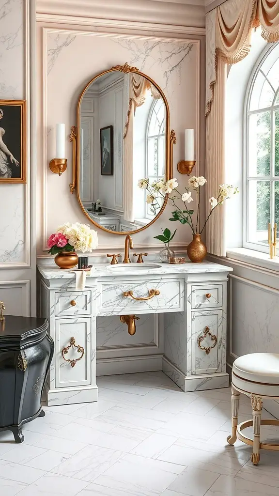 Elegant corner vanity with marble countertops and gold accents in a bright bathroom