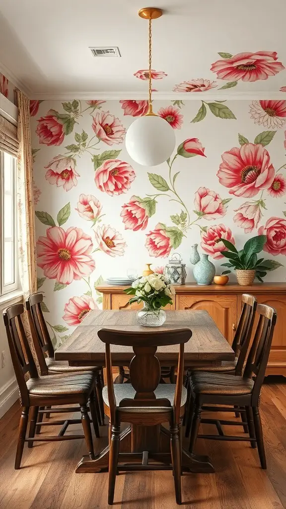 29+ Stunning Dining Room Wallpaper Ideas to Transform Your Space 5 A dining room with floral wallpaper featuring large pink flowers, a wooden table, and chairs, creating a warm and inviting atmosphere.
