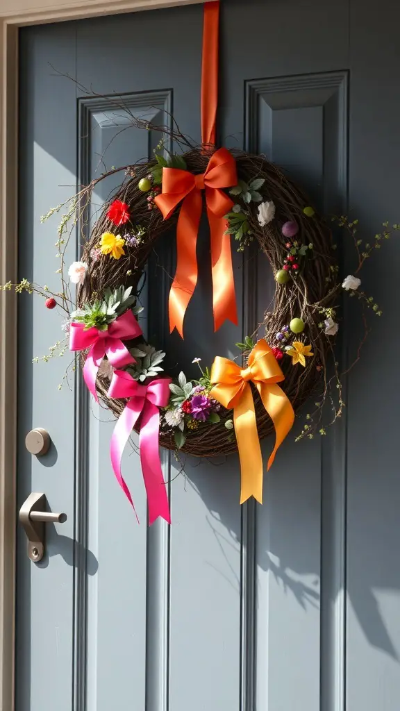 A colorful grapevine wreath adorned with vibrant ribbons and flowers, hanging on a blue door.