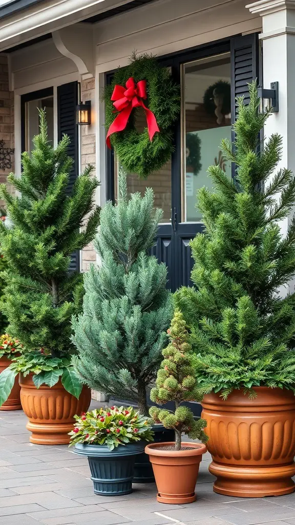 Potted evergreen arrangements on a patio with a wreath and red bow.