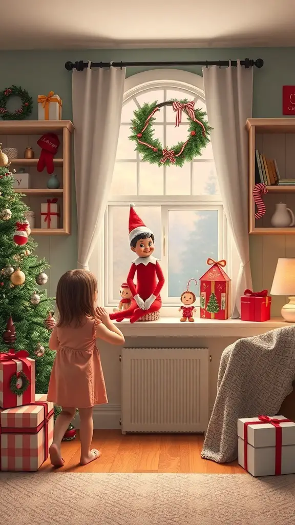 27+ Fun Christmas Activities for Kids to Enjoy This Holiday Season 13 A little girl looking at her Elf on the Shelf in a cozy, decorated room for Christmas.