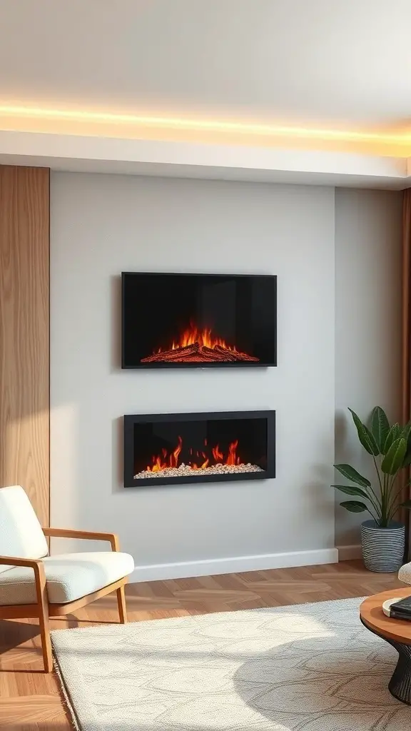 29+ Stylish Electric Fireplace Ideas to Transform Your Home 12 A modern living room featuring two floating electric fireplaces mounted on the wall.
