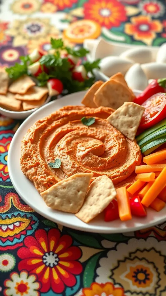A colorful platter featuring roasted red pepper hummus surrounded by fresh vegetables and crackers.