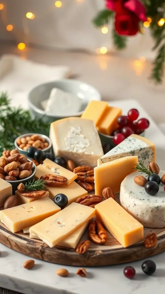 27+ Delicious Christmas Appetizers to Impress Your Guests 9 A beautifully arranged cheese platter featuring various cheeses, nuts, and fruits, perfect for a festive gathering.