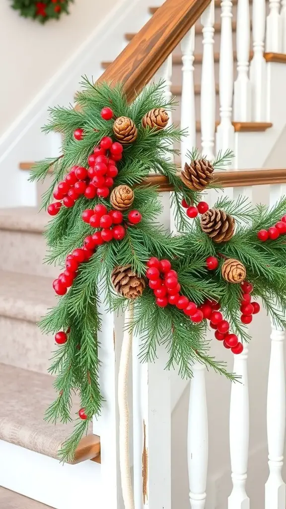 A beautiful garland made of pinecones and red berries draped on a staircase railing.
