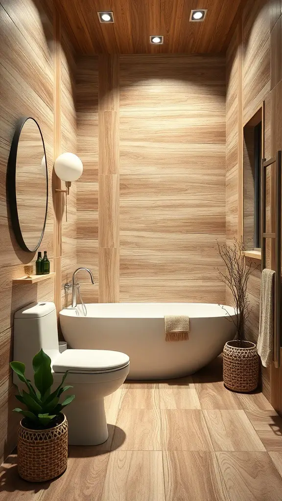 A modern bathroom featuring wood-look tiles, a white bathtub, and natural decor elements.