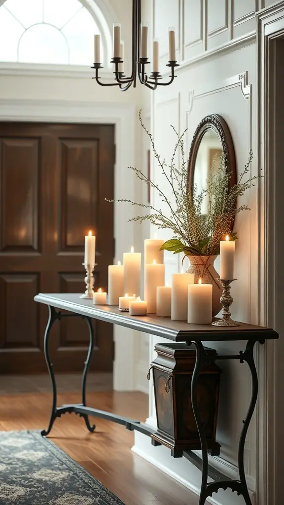 25+ Christmas Entryway Decor Ideas to Transform Your Home 10 A cozy entryway with a table displaying various scented candles, creating a warm and inviting atmosphere.