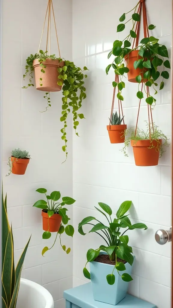 A small bathroom with various hanging plants in terracotta pots, creating a fresh and lively atmosphere.