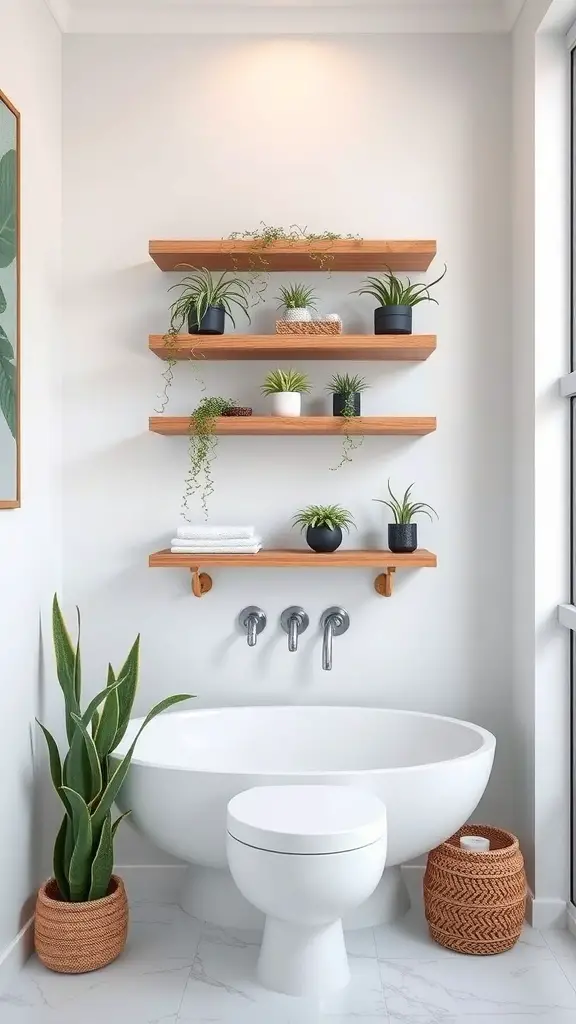 27+ Creative Plant Display Ideas to Transform Your Bathroom 11 Modern bathroom with floating wooden shelves displaying air plants and decorative items.