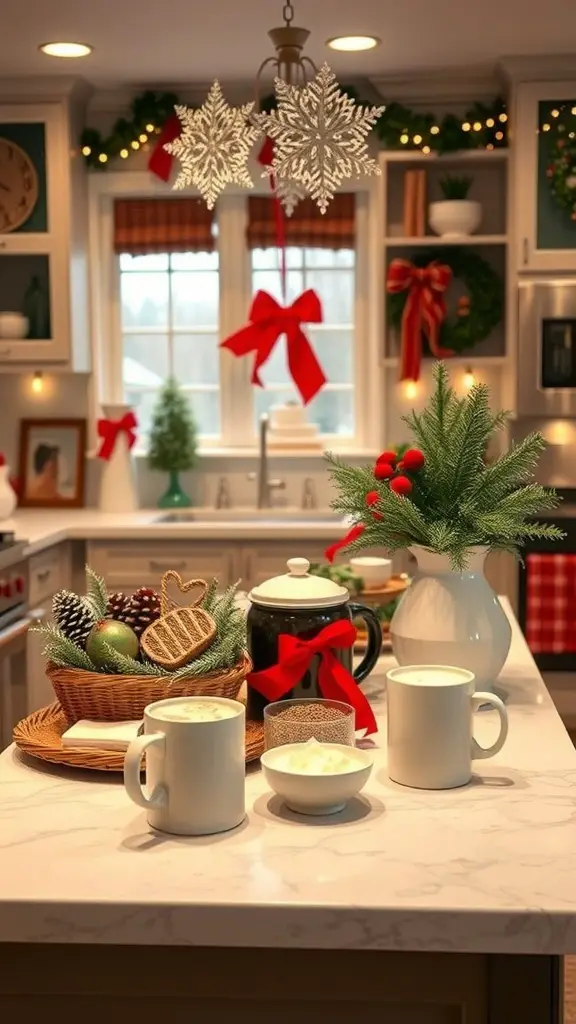 A charming hot cocoa bar with mugs, cocoa pot, and festive decorations on a kitchen island.