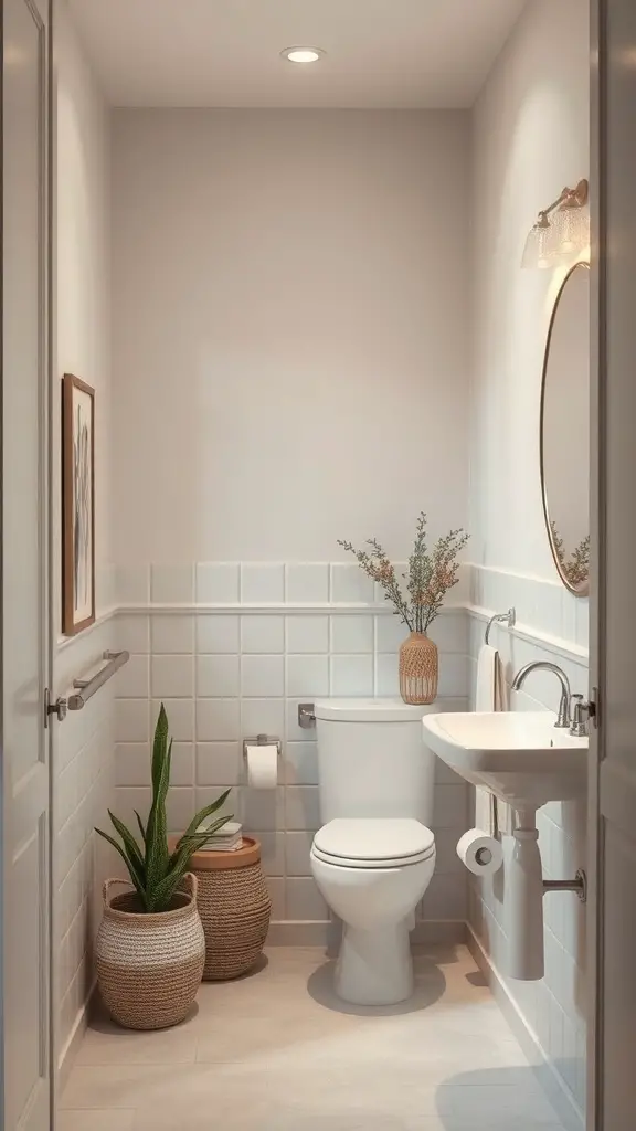 29+ Stunning Tiny Bathroom Layouts for Small Spaces 12 A small bathroom featuring neutral colors, plants, and a round mirror.