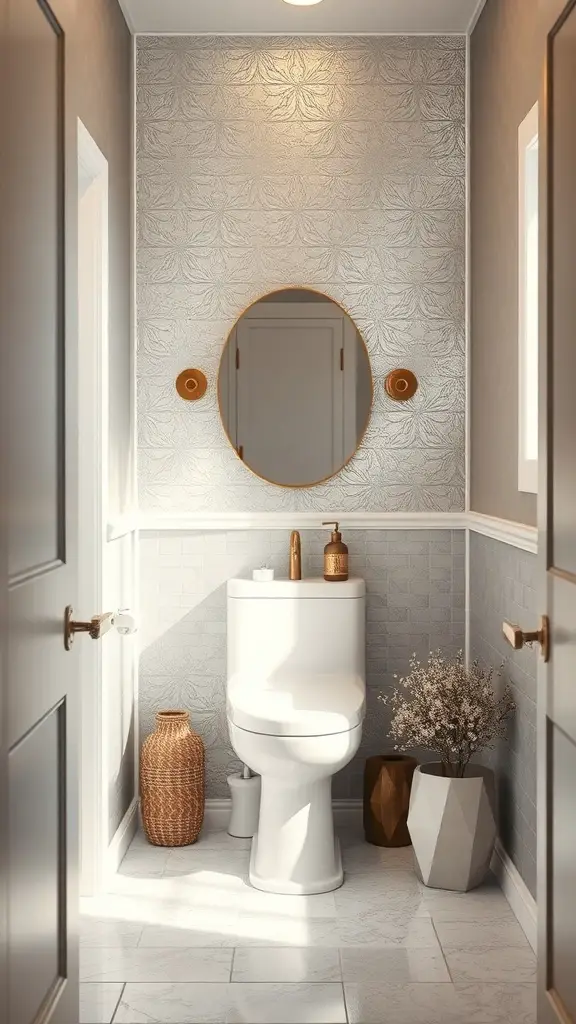 29+ Stunning Half Bath Wallpaper Ideas to Transform Your Space 10 A half bath featuring subtle metallic wallpaper, a round mirror, and decorative accents.