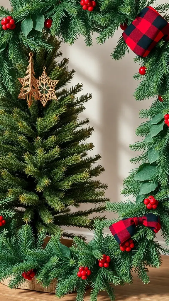 Buffalo plaid ribbon and evergreen garland with red berries and a small evergreen tree