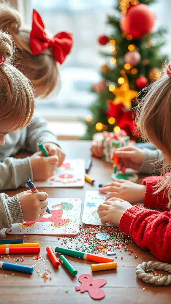 Children making holiday cards with colorful markers and glitter at a table decorated for Christmas.