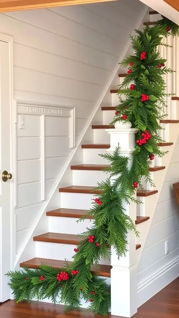 A staircase decorated with a natural garland featuring greenery and red berries.