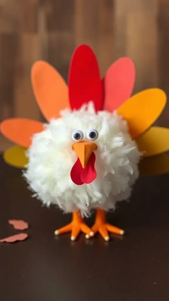25+ Fun Thanksgiving Crafts for Toddlers to Create Together 8 A fluffy cotton ball turkey with colorful paper feathers and googly eyes.