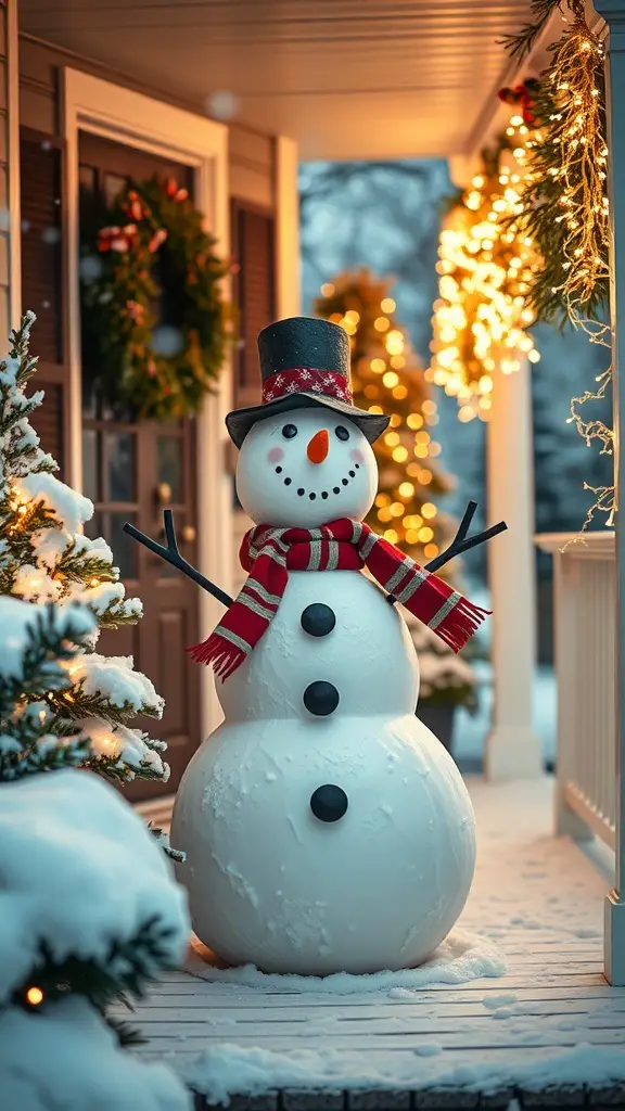 A charming snowman decoration on a winter porch, wearing a top hat and a red scarf, surrounded by snow and festive lights.