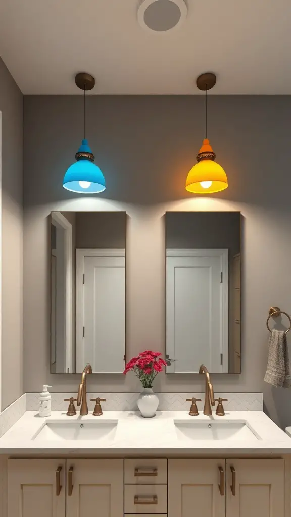 25+ Stunning Double Vanity Lighting Ideas for Your Bathroom 15 A double vanity with colorful pendant lights in blue and yellow, showcasing a modern bathroom design.