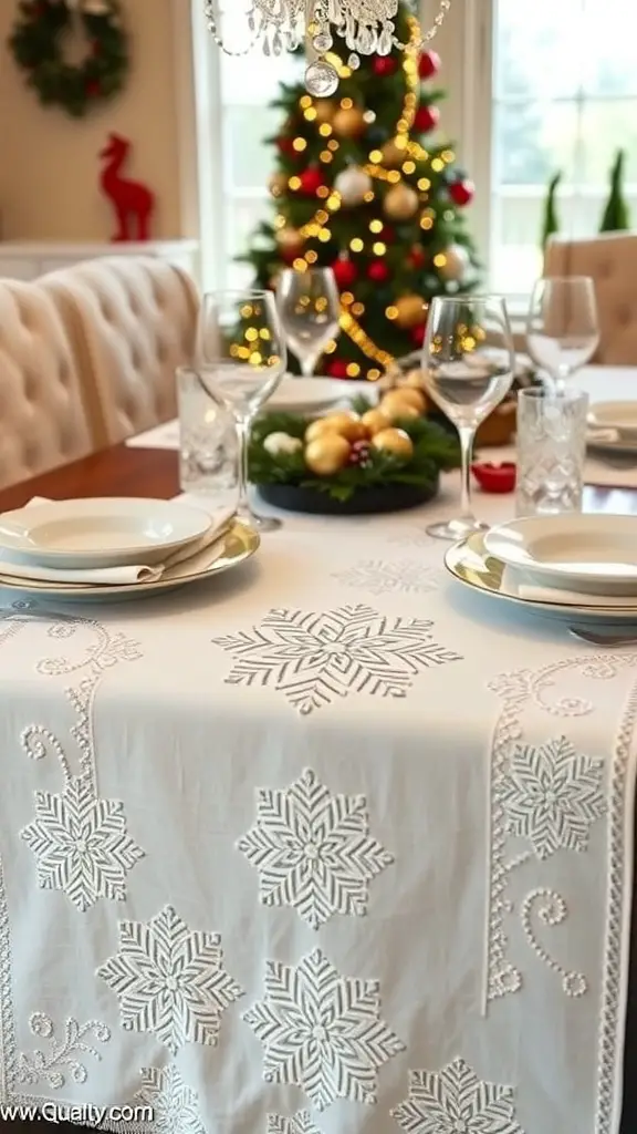 29+ Stunning Christmas Table Runner Ideas for a Festive Holiday Table 5 A beautifully set dining table featuring a snowflake embroidered table runner, with elegant glassware and a festive Christmas tree in the background.