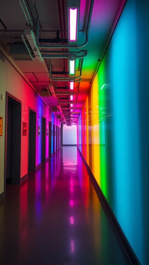 29+ Magical Hallway Christmas Light Ideas to Brighten Your Home 14 A hallway illuminated with vibrant color-changing lights, showcasing a spectrum of colors.